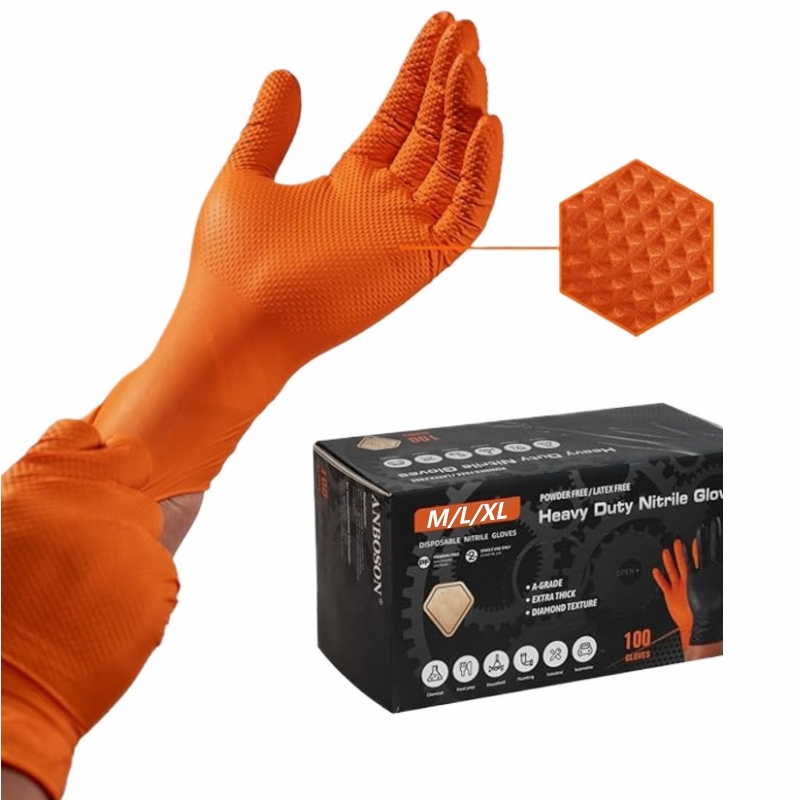 Nitrile Mechanic Glove - 8Mil Heavy Duty Orange Nitrile Gloves