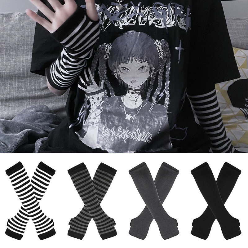 Fingerless Glove Knit - Women Long Sleeve Gothic Striped Fingerless